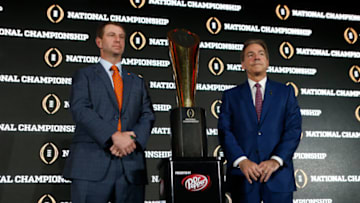 TAMPA, FL - JANUARY 8: Head coach Dabo Swinney of the Clemson Tigers, left, and head coach Nick Saban of the Alabama Crimson Tide pose for a photograph after speaking to members of the media during the College Football Playoff National Championship Head Coaches Press Conference on January 8, 2017 at the Tampa Convention Center in Tampa, Florida. (Photo by Brian Blanco/Getty Images)