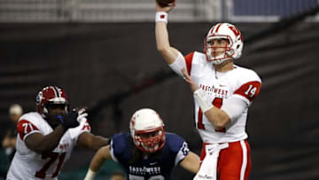 Jan 23, 2016; St. Petersburg, FL, USA; East Team quarterback Joel Steve (14) throws the ball during the second quarter of the East-West Shrine Game at Tropicana Field. Mandatory Credit: Kim Klement-USA TODAY Sports