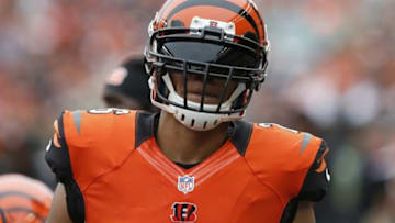 Oct 12, 2014; Cincinnati, OH, USA; Cincinnati Bengals free safety Taylor Mays (26) against the Carolina Panthers at Paul Brown Stadium. The Bengals and the Panthers tie in overtime 37-37. Mandatory Credit: Aaron Doster-USA TODAY Sports