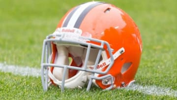 Oct 20, 2013; Green Bay, WI, USA; A Cleveland Browns helmet sits on the field during warmups prior to the game against the Green Bay Packers at Lambeau Field. Green Bay won 31-13. Mandatory Credit: Jeff Hanisch-USA TODAY Sports