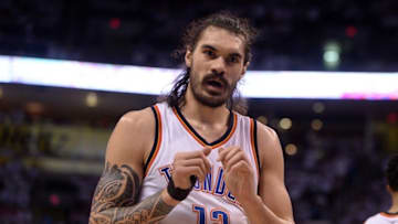 May 24, 2016; Oklahoma City, OK, USA; Oklahoma City Thunder center Steven Adams (12) reacts to a call in action against the Golden State Warriors during the fourth quarter in game four of the Western conference finals of the NBA Playoffs at Chesapeake Energy Arena. Mandatory Credit: Mark D. Smith-USA TODAY Sports