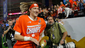 GLENDALE, ARIZONA - DECEMBER 28: Trevor Lawrence #16 of the Clemson Tigers celebrates his teams 29-23 win over the Ohio State Buckeyes in the College Football Playoff Semifinal at the PlayStation Fiesta Bowl at State Farm Stadium on December 28, 2019 in Glendale, Arizona. (Photo by Ralph Freso/Getty Images)
