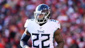 KANSAS CITY, MISSOURI - JANUARY 19: Derrick Henry #22 of the Tennessee Titans looks on in the first half against the Kansas City Chiefs in the AFC Championship Game at Arrowhead Stadium on January 19, 2020 in Kansas City, Missouri. (Photo by Jamie Squire/Getty Images)