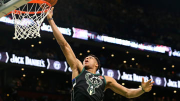 BOSTON, MASSACHUSETTS - DECEMBER 21: Giannis Antetokounmpo #34 of the Milwaukee Bucks takes a shot against the Boston Celtics at TD Garden on December 21, 2018 in Boston, Massachusetts. NOTE TO USER: User expressly acknowledges and agrees that, by downloading and or using this photograph, User is consenting to the terms and conditions of the Getty Images License Agreement. (Photo by Maddie Meyer/Getty Images)