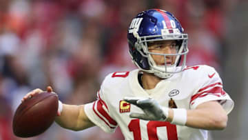 GLENDALE, AZ - DECEMBER 24: Quarterback Eli Manning #10 of the New York Giants drops back to pass during the NFL game against the Arizona Cardinals at the University of Phoenix Stadium on December 24, 2017 in Glendale, Arizona. The Cardinals defeated the Giants 23-0. (Photo by Christian Petersen/Getty Images)