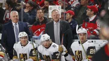 NEWARK, NJ - DECEMBER 3: Head Coach Gerard Gallant of the Vegas Golden Knights looks on during the game against the New Jersey Devils at the Prudential Center on December 3, 2019 in Newark, New Jersey. (Photo by Andy Marlin/NHLI via Getty Images)