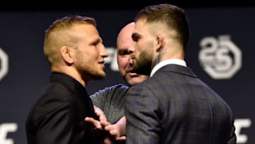 BROOKLYN, NEW YORK - APRIL 06: (L-R) Opponents TJ Dillashaw and Cody Garbrandt face off during the UFC press conference inside Barclays Center on April 6, 2018 in Brooklyn, New York. (Photo by Jeff Bottari/Zuffa LLC/Zuffa LLC via Getty Images)