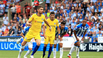 HUDDERSFIELD, ENGLAND - AUGUST 11: Jorginho of Chelsea scores a penalty for his team's second goal during the Premier League match between Huddersfield Town and Chelsea FC at John Smith's Stadium on August 11, 2018 in Huddersfield, United Kingdom. (Photo by Matthew Lewis/Getty Images)