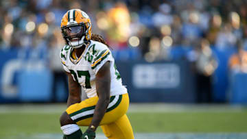 CARSON, CALIFORNIA - NOVEMBER 03: Tremon Smith #27 of the Green Bay Packers reacts after he is tackled on a kick return during the third quarter in a 26-11 Los Angeles Chargers win at Dignity Health Sports Park on November 03, 2019 in Carson, California. (Photo by Harry How/Getty Images)