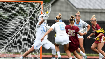 May 28, 2021; Towson, Maryland, USA; Taylor Moreno #30 of the North Carolina makes a save in the first half during a semi final NCAA Women’s Lacrosse Championship agains the Boston College at Johnny Unitas Stadium. Mandatory Credit: Mitchell Layton-USA TODAY Sports