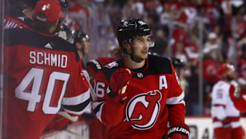 May 7, 2023; Newark, New Jersey, USA; New Jersey Devils center Jack Hughes (86) celebrates his goal against the Carolina Hurricanes during the first period in game three of the second round of the 2023 Stanley Cup Playoffs at Prudential Center. Mandatory Credit: Ed Mulholland-USA TODAY Sports