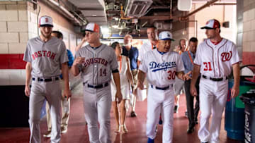 WASHINGTON, DC - JULY 16: Chris Sale #41 of the Boston Red Sox, manager A.J. Hinch of the Houston Astros, manager Dave Roberts of the Los Angeles Dodgers, and Max Scherzer #31 of the Washington Nationals walk through the concourse during All-Star Workout Day at Nationals Park Monday, July 16, 2018 in Washington, DC. (Photo by Billie Weiss/Boston Red Sox/Getty Images)