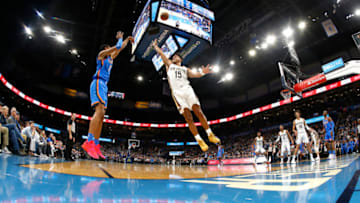 Darius Bazley #7 of the OKC Thunder attempts a three point shot against Frank Jackson #15 of the New Orleans Pelicans. (Photo by Ron Jenkins/Getty Images)