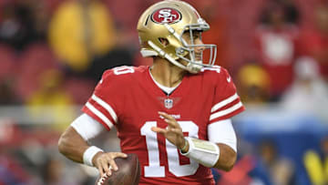 SANTA CLARA, CA - NOVEMBER 26: Jimmy Garoppolo No. 10 of the San Francisco 49ers drops back to pass against the Seattle Seahawks late in their NFL football game at Levi's Stadium on November 26, 2017 in Santa Clara, California. The Seahawks won the game 24-13. (Photo by Thearon W. Henderson/Getty Images)