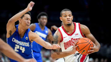 Nov 1, 2022; Columbus, Ohio, USA; Chaminade University forward Kobe Young (24) defends against Ohio State University guard Roddy Gayle Jr. (1) during the second half of the division I basketball game at Value City Arena on Tuesday night. Mandatory Credit: Joseph Scheller-The Columbus DispatchBasketball Ceb Mbk Chaminade Chaminade At Ohio State