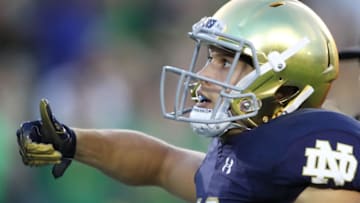 SOUTH BEND, IN - SEPTEMBER 01: Chris Finke #10 of the Notre Dame Fighting Irish celebrates his first quarter touchdown against the Michigan Wolverines at Notre Dame Stadium on September 1, 2018 in South Bend, Indiana. (Photo by Gregory Shamus/Getty Images)