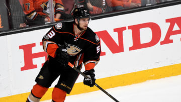 ANAHEIM, CA - APRIL 28: Shea Theodore #53 of the Anaheim Ducks handles the puck during the game against the Edmonton Oilers in Game Two of the Western Conference Second Round during the 2017 NHL Stanley Cup Playoffs at Honda Center on April 28, 2017 in Anaheim, California. (Photo by Robert Binder/NHLI via Getty Images) *** Local Caption ***