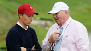 JERSEY CITY, NJ - SEPTEMBER 30: Jordan Spieth of the U.S. Team discusses a rulling with official Andy McFee on the 12th hole during Saturday four-ball matches of the Presidents Cup at Liberty National Golf Club on September 30, 2017 in Jersey City, New Jersey. (Photo by Sam Greenwood/Getty Images)