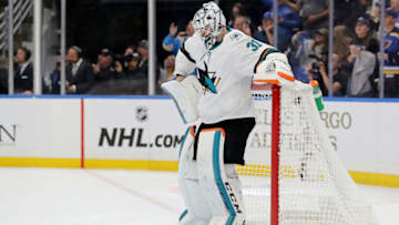 ST LOUIS, MISSOURI - MAY 21: Martin Jones #31 of the San Jose Sharks reacts after giving up a goal to Brayden Schenn #10 of the St. Louis Blues during the second period in Game Six of the Western Conference Finals during the 2019 NHL Stanley Cup Playoffs at Enterprise Center on May 21, 2019 in St Louis, Missouri. (Photo by Elsa/Getty Images)