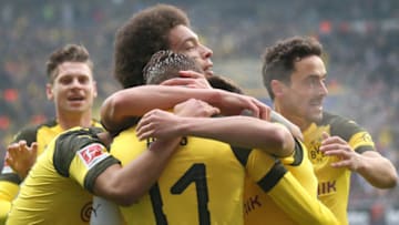 02 February 2019, Hessen, Frankfurt/M.: Soccer: Bundesliga, Eintracht Frankfurt - Borussia Dortmund, 20th matchday in the Commerzbank-Arena. Dortmund celebrates Marco Reus after 1:0. Photo: Thomas Frey/dpa - IMPORTANT NOTE: In accordance with the requirements of the DFL Deutsche Fußball Liga or the DFB Deutscher Fußball-Bund, it is prohibited to use or have used photographs taken in the stadium and/or the match in the form of sequence images and/or video-like photo sequences. (Photo by Thomas Frey/picture alliance via Getty Images)
