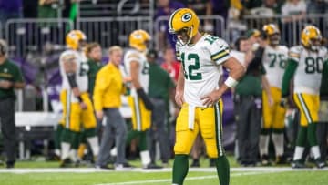 Green Bay Packers quarterback Aaron Rodgers reacts during their 17-14 loss to the Minnesota Vikings. Photo Credit: Brace Hemmelgarn-USA TODAY Sports