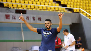 SHENZHEN, CHINA - OCTOBER 03: Karl-Anthony Towns #32 of the Minnesota Timberwolves celebrates a shot during practice and media availability at Shenzhen Gymnasium as part of 2017 NBA Global Games China on October 3, 2017 in Shenzhen, China. NOTE TO USER: User expressly acknowledges and agrees that, by downloading and/or using this Photograph, user is consenting to the terms and conditions of the Getty Images License Agreement. Mandatory Copyright Notice: Copyright 2017 NBAE (Photo by David Sherman/NBAE via Getty Images)