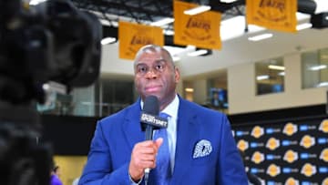 EL SEGUNDO, CA - JUNE 26: President of basketball operations Magic Johnson answers question from the media during a press conference to introduce the team's 2018 NBA draft picks at the UCLA Health Training Center on June 26, 2018 in El Segundo, California. Moritz Wagner was chosen with the 25th overall pick and Sviatoslav Mykhailiuk with the 47th pick. TO USER: User expressly acknowledges and agrees that, by downloading and/or using this Photograph, User is consenting to the terms and conditions of the Getty Images License Agreement. (Photo by Jayne Kamin-Oncea/Getty Images)