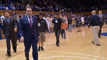 DURHAM, NC - JANUARY 04: Associate head coach Jeff Capel walks behind head coach Mike Krzyzewski of the Duke Blue Devils as they leave the floor after the game against the Georgia Tech Yellow Jackets at Cameron Indoor Stadium on January 4, 2017 in Durham, North Carolina. Duke won 110-57. (Photo by Grant Halverson/Getty Images)