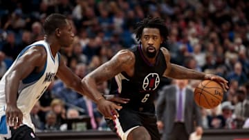 Nov 12, 2016; Minneapolis, MN, USA; Los Angeles Clippers center DeAndre Jordan (6) dribbles in the second quarter against the Minnesota Timberwolves center Gorgui Dieng (5) at Target Center. Mandatory Credit: Brad Rempel-USA TODAY Sports
