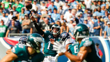 NASHVILLE, TN - SEPTEMBER 30: Carson Wentz #11 of the Philadelphia Eagles throws a pass during the second quarter at Nissan Stadium on September 30, 2018 in Nashville, Tennessee. (Photo by Frederick Breedon/Getty Images)