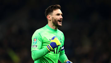 LONDON, ENGLAND - DECEMBER 22: Hugo Lloris of Tottenham Hotspur celebrates after their teammate Steven Bergwijn (not pictured) scores their side's first goal during the Carabao Cup Quarter Final match between Tottenham Hotspur and West Ham United at Tottenham Hotspur Stadium on December 22, 2021 in London, England. (Photo by Julian Finney/Getty Images)