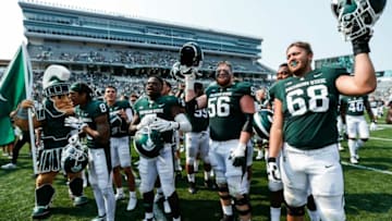 Michigan State players celebrates 42-14 win over Youngstown State at Spartan Stadium in East Lansing on Saturday, Sept. 11, 2021.