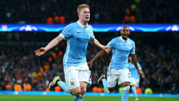 MANCHESTER, UNITED KINGDOM - APRIL 12: Kevin de Bruyne of Manchester City celebrates with Fernandinho as he scores their first goal during the UEFA Champions League quarter final second leg match between Manchester City FC and Paris Saint-Germain at the Etihad Stadium on April 12, 2016 in Manchester, United Kingdom. (Photo by Alex Livesey/Getty Images)