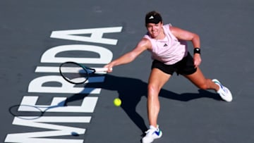MERIDA, MEXICO - FEBRUARY 20: Caty McNally of United States plays a forehand in the first round singles match against Lin Zhu of China as part of the Merida Open Akron 2023 - Day 3 at Yucatan Country Club on February 20, 2023 in Merida, Mexico. (Photo by Marcos Dominguez/Jam Media/Getty Images)