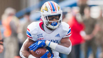 LAWRENCE, KS - NOVEMBER 03: Kansas Jayhawks running back Pooka Williams Jr. (1) looks for an opening to run during the Big 12 matchup between the Iowa State Cyclones and the Kansas Jayhawks on Saturday November 3, 2018 at Memorial Stadium in Lawrence, KS. (Photo by Nick Tre. Smith/Icon Sportswire via Getty Images)