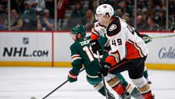 ST. PAUL, MN - JANUARY 17: Max Jones #49 of the Anaheim Ducks skates with the puck during a game with the Minnesota Wild at Xcel Energy Center on January 17, 2018 in St. Paul, Minnesota.(Photo by Bruce Kluckhohn/NHLI via Getty Images)
