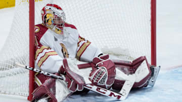 QUEBEC CITY, QC - OCTOBER 27: Jan Bednar #31 of the Acadie-Bathurst Titan reacts after conceding a goal to Nathan Gaucher #91 of the Quebec Remparts during their QMJHL hockey game at the Videotron Center on October 27, 2021 in Quebec City, Quebec, Canada. (Photo by Mathieu Belanger/Getty Images)