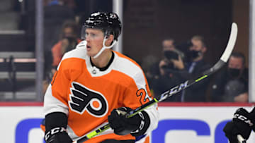 Sep 28, 2021; Philadelphia, Pennsylvania, USA; Philadelphia Flyers defenseman Nick Seeler (24) against the New York Islanders at Wells Fargo Center. Mandatory Credit: Eric Hartline-USA TODAY Sports