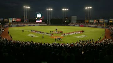 SAN JUAN, PR - APRIL 17: A general view of Hiram Bithorn Stadium during introductions before the game between the Cleveland Indians and the Minnesota Twins on Tuesday, April 17, 2018 in San Juan, Puerto Rico. (Photo by Jessica Foster/MLB via Getty Images)