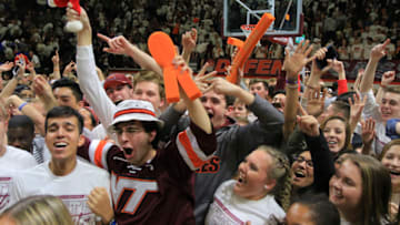 BLACKSBURG, VA - FEBRUARY 26: Students celebrate the Virginia Tech Hokies' win over the Duke Blue Devils at Cassell Coliseum on February 26, 2019 in Blacksburg, Virginia. (Photo by Lauren Rakes/Getty Images)