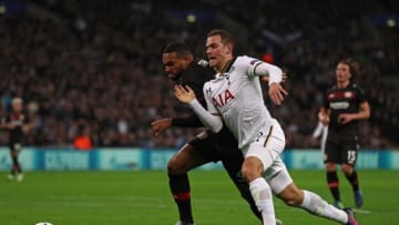 LONDON, ENGLAND - NOVEMBER 02: Jonathan Tah of Bayer Leverkusen holds off Vincent Janssen of Tottenham Hotspur during the UEFA Champions League Group E match between Tottenham Hotspur FC and Bayer 04 Leverkusen at Wembley Stadium on November 2, 2016 in London, England. (Photo by Clive Rose/Getty Images)