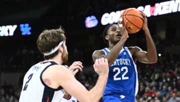 Nov 20, 2022; Spokane, Washington, USA; Kentucky Wildcats guard Cason Wallace (22) shoots the ball against Gonzaga Bulldogs forward Drew Timme (2) in the second half at Spokane Arena. Gonzaga won 88-72. Mandatory Credit: James Snook-USA TODAY Sports