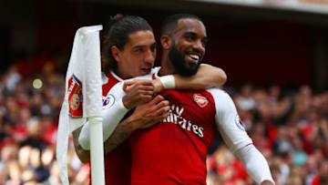 LONDON, ENGLAND - SEPTEMBER 09: Alexandre Lacazette of Arsenal celebrates scoring his sides second goal with Hector Bellerin of Arsenal during the Premier League match between Arsenal and AFC Bournemouth at Emirates Stadium on September 9, 2017 in London, England. (Photo by Clive Rose/Getty Images)