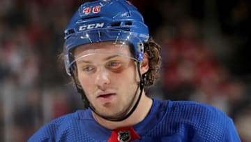 NEWARK, NEW JERSEY - NOVEMBER 30: Brendan Lemieux #48 of the New York Rangers skates during a stop in play in the first period against the New Jersey Devils at Prudential Center on November 30, 2019 in Newark, New Jersey. (Photo by Elsa/Getty Images)