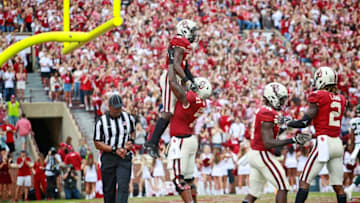 NORMAN, OK - SEPTEMBER 29: Wide receiver Marquise Brown #5 and offensive lineman Bobby Evans #71 of the Oklahoma Sooners celebrate a touchdown against the Baylor Bears at Gaylord Family Oklahoma Memorial Stadium on September 29, 2018 in Norman, Oklahoma. (Photo by Brett Deering/Getty Images)