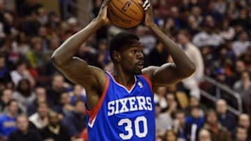 Jan 25, 2014; Philadelphia, PA, USA; Philadelphia 76ers center Dewayne Dedmon (30) looks to pass during the fourth quarter against the Oklahoma City Thunder at the Wells Fargo Center. The Thunder defeated the Sixers 103-91. Mandatory Credit: Howard Smith-USA TODAY Sports