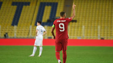 Turkey's forward Cenk Tosun (C) celebrates after scoring a goal during the UEFA Nations League football match between Russia and Turkey in Istanbul at Fenerbahce Ulker stadium on November 15, 2020. (Photo by Ozan KOSE / AFP) (Photo by OZAN KOSE/AFP via Getty Images)