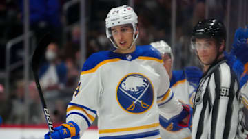 Jan 30, 2022; Denver, Colorado, USA; Buffalo Sabres center Dylan Cozens (24) celebrates a goal in the second period against the Colorado Avalanche at Ball Arena. Mandatory Credit: Ron Chenoy-USA TODAY Sports