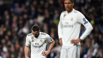 Real Madrid's Spanish defender Dani Carvajal reacts during the UEFA Champions League round of 16 second leg football match between Real Madrid CF and Ajax at the Santiago Bernabeu stadium in Madrid on March 5, 2019. (Photo by GABRIEL BOUYS / AFP) (Photo credit should read GABRIEL BOUYS/AFP/Getty Images)