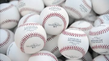 October 4, 2013; Oakland, CA, USA; Detail view of baseballs with the postseason logo before game one of the American League divisional series playoff baseball game between the Oakland Athletics and the Detroit Tigers at O.co Coliseum. The Tigers defeated Athletics 3-2. Mandatory Credit: Kyle Terada-USA TODAY Sports